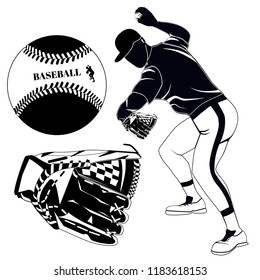 Baseball glove, ball and pitcher with glove throwing ball. Vector illustration. Baseball items black templates on white background.