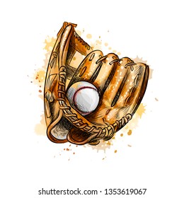 Baseball glove with ball from a splash of watercolor, hand drawn sketch. Vector illustration of paints