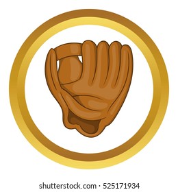 Baseball glove with ball vector icon in golden circle, cartoon style isolated on white background