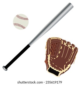 Baseball glove, baseball bat, baseball ball, sport equipment 