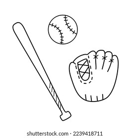 Guante de béisbol, murciélago y pelota. Ilustración del doodle vectorial aislada en blanco. Esbozo de esquema