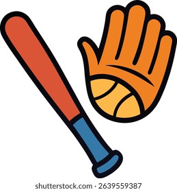 baseball glove and bat doodle style vector art illustration