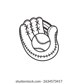 Baseball Glove Black and White Vector Image, Simple Outline Linear Baseball Glove Vector Image, Sport Game Equipment Baseball Glove Image.