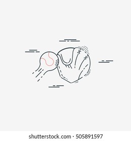 Baseball Glove and Flying Baseball Ball, Thin line Vector Style. Vector, Illustration