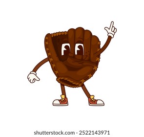 Baseball glove groovy character. Isolated cartoon vector playful sports equipment retro personage with a cheerful expression, exudes fun and sporty vibe, with expressive eyes and a friendly smile