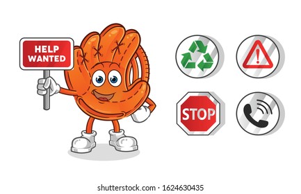 baseball glove holding sign cartoon. including recycling sign, caution, stop, telephone. cartoon mascot vector