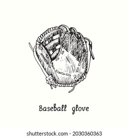 Baseball glove. Ink black and white doodle drawing in woodcut style.