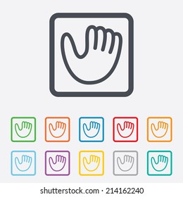 Baseball glove or mitt sign icon. Sport symbol. Round squares buttons with frame. Vector