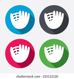 Baseball glove or mitt sign icon. Sport symbol. Circle buttons with long shadow. 4 icons set. Vector