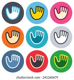 Baseball glove or mitt sign icon. Sport symbol. Colored round buttons. Flat design circle icons set. Vector