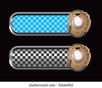 baseball and glove on blue and black checkered tabs