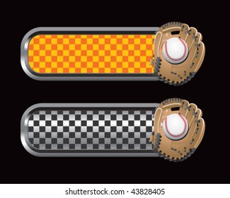 Baseball und Handschuh auf orangefarbenen, schwarzen Karteireitern
