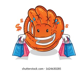 baseball glove shopping and holding shopping bags cartoon. cartoon mascot vector