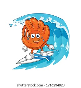 baseball glove surfing on the wave character. cartoon mascot vector