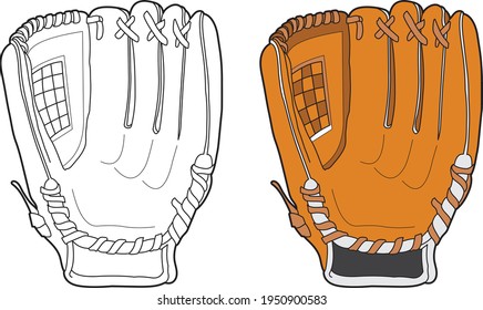 Baseball glove vector drawings, cartoon vector, line art and color