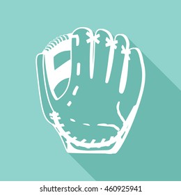 baseball glove vector icon with long shadow. White illustration isolated on green background for graphic and web design.