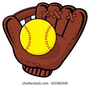 Baseball Glove And Yellow Softball. Vector Illustration Isolated On White Background