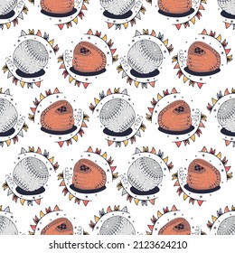 Baseball gloves and Balls. Seamless pattern on a white background. Cute vector illustration.