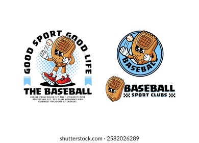 baseball gloves mitten retro cartoon character mascot illustration collection set with walking pose and throwing baseball ball for baseball softball sport club mascots and merchandise