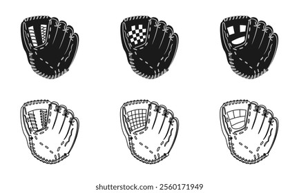 baseball gloves set with different model and type. vector illustration isolated on white background.