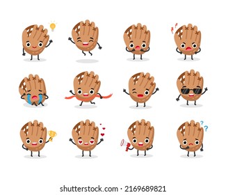 Baseball gloves set of sports emotions characters. Flat vector illustration
