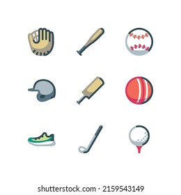 Baseball and golf icon set with ball and bat vector icons