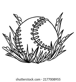 Baseball in the grass cartoon icon. Cute picturesque outline comic style image. Hand drawn isolated lineart illustration for prints, designs, cards. Web and mobile