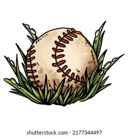 Baseball in the grass cartoon icon. Cute picturesque outline comic style image. Hand drawn isolated lineart illustration for prints, designs, cards. Web and mobile