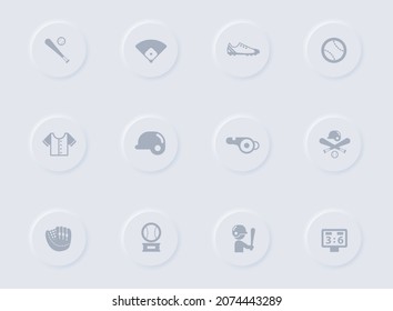 baseball gray vector icons on round rubber buttons. baseball icon set for web, mobile apps, ui design and promo business polygraphy
