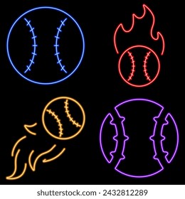 grupo de béisbol de iconos de neón, ilustración vectorial, sobre un fondo negro.