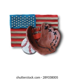 Baseball handmade glove and ball with US flag on background. Vector illustration. Plasticine modeling