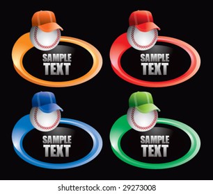 baseball with hat on colored swoosh buttons