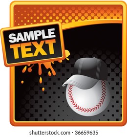 baseball head with cap on orange and black halftone banner