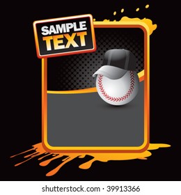 baseball head with cap on orange splattered advertisement