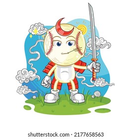 la caricatura de samurai, cabeza de béisbol. vector de mascota de dibujos animados