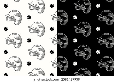 baseball helmet with ball doodle seamless pattern on black white background set. baseball headgear engraving pattern background. retro helmet baseball background for baseball sport club merchandise