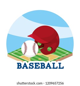 baseball helmet and ball in the field game