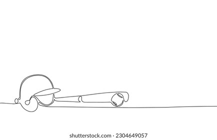 Casco de béisbol, murciélago, elemento de dibujo de línea continua de bola aislado sobre fondo blanco para elemento decorativo. Ilustración vectorial del deporte de béisbol en el estilo de diseño de contorno.