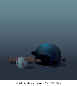 Baseball helmet with bat and ball on ground