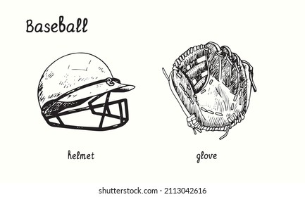 Baseball helmet and glove. Ink black and white doodle drawing in woodcut style.