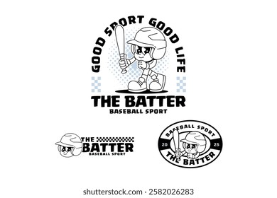 baseball helmet retro cartoon character mascot outline line art illustration set with standing pose and holding baseball bat for baseball softball sport club mascots and merchandise