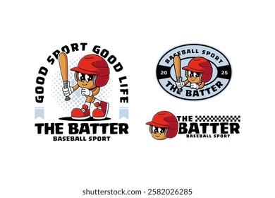 baseball helmet retro cartoon character mascot illustration collection set with standing pose and holding baseball bat for baseball softball sport club mascots and merchandise