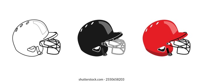 Baseball helmet set design, available in outline, solid black, and red styles. editable vector eps 10.