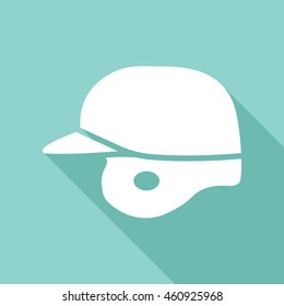 baseball helmet vector icon with long shadow. White illustration isolated on green background for graphic and web design.