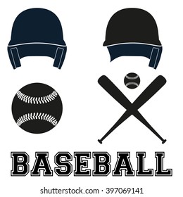 Baseball helmets and bats and ball. Flat and silhouette style. Sport symbols Front and Side View. Vector illustration isolated on white background.