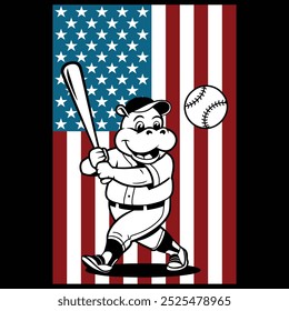 Baseball Hippopotamus American Flag Patriotic Camiseta