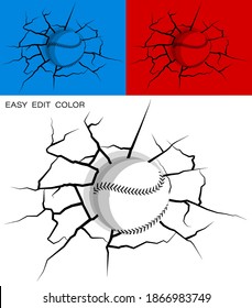 baseball hit wall powerfully and damaged, cracks on wall. Sports design element. American national sport. Active lifestyle. Vector on white or color background with cracks