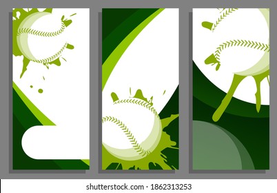 Baseball hit the wall with splashes. Set of vertical flyers. Templates for sport invitation, banners, brochures. American baseball tournament. Sport equipment. Vector