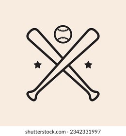 Baseball icon badge with two baseball bats, stars and ball, outline iconic vector line art