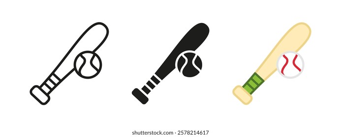 Baseball icon. Baseball bat and ball vector illustration. American national sport event symbol. Softball game sign. Pitcher pictogram. Baseball bat hit outline, line, black or colored concept isolated